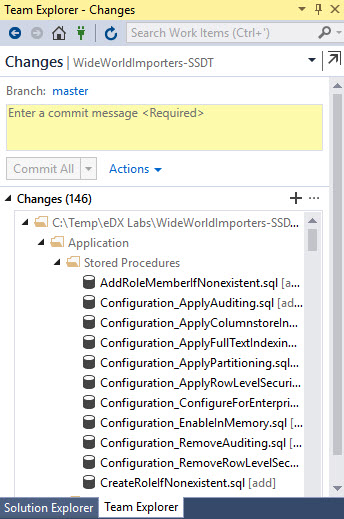 In the Team Explorer – Changes window, the following path is expanded: C:(local path)\Application\Stored Procedures, under which a list of stored procedures displays.